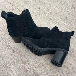 Black Suede Chunky Chelsea Heel Boots - Women